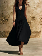 Asymmetrical V-neck long dress, linen and cotton
