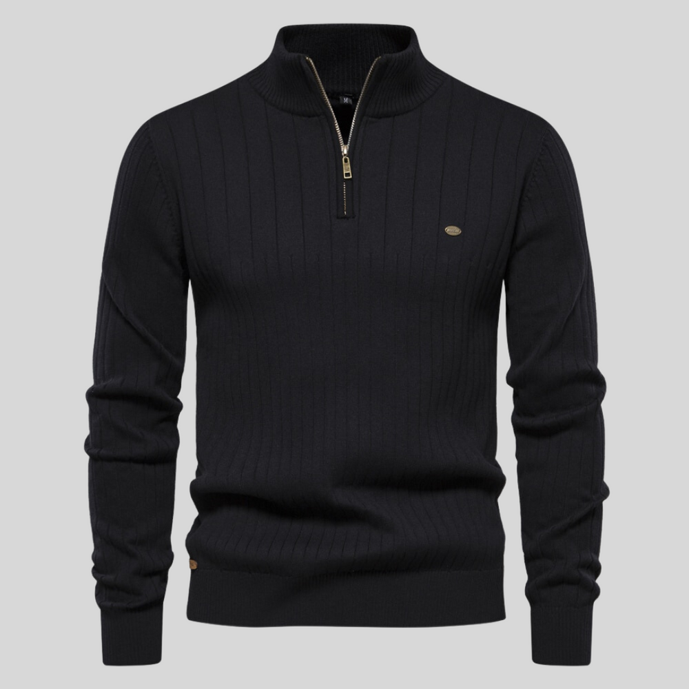 Pull noir à col zippé pour homme, design côtelé élégant, manches longues, idéal pour mode automne-hiver, style décontracté et chic.