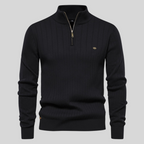 Pull noir à col zippé pour homme, design côtelé élégant, manches longues, idéal pour mode automne-hiver, style décontracté et chic.