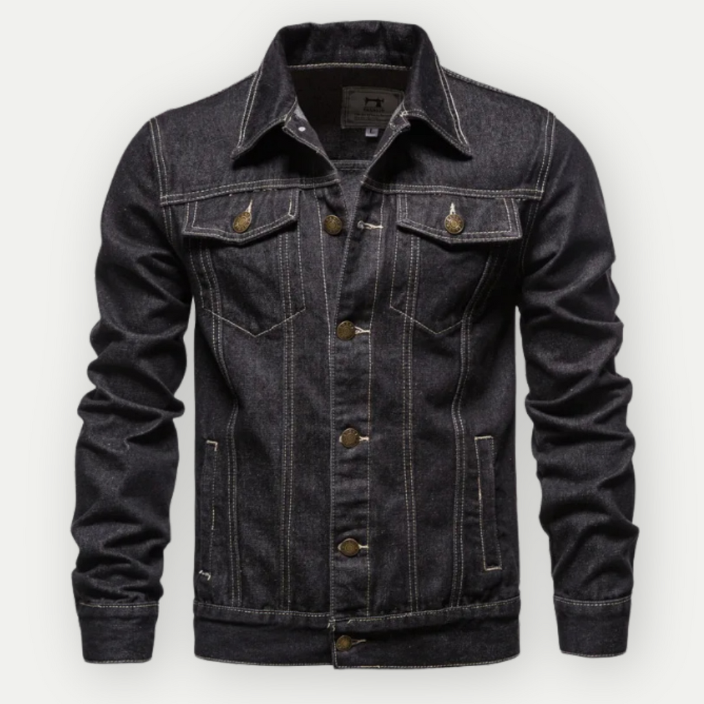 Veste en jean noir pour homme, style classique, coutures contrastées, boutons métalliques, poches poitrine, mode décontractée, tendance automne.