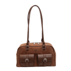 Sac à main en cuir marron avec deux poches avant et longues anses. Élégant et pratique, idéal pour un usage quotidien ou professionnel.