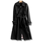 Manteau trench-coat noir élégant avec ceinture, doublure à carreaux, style classique, idéal pour mode automne-hiver, vêtement intemporel.