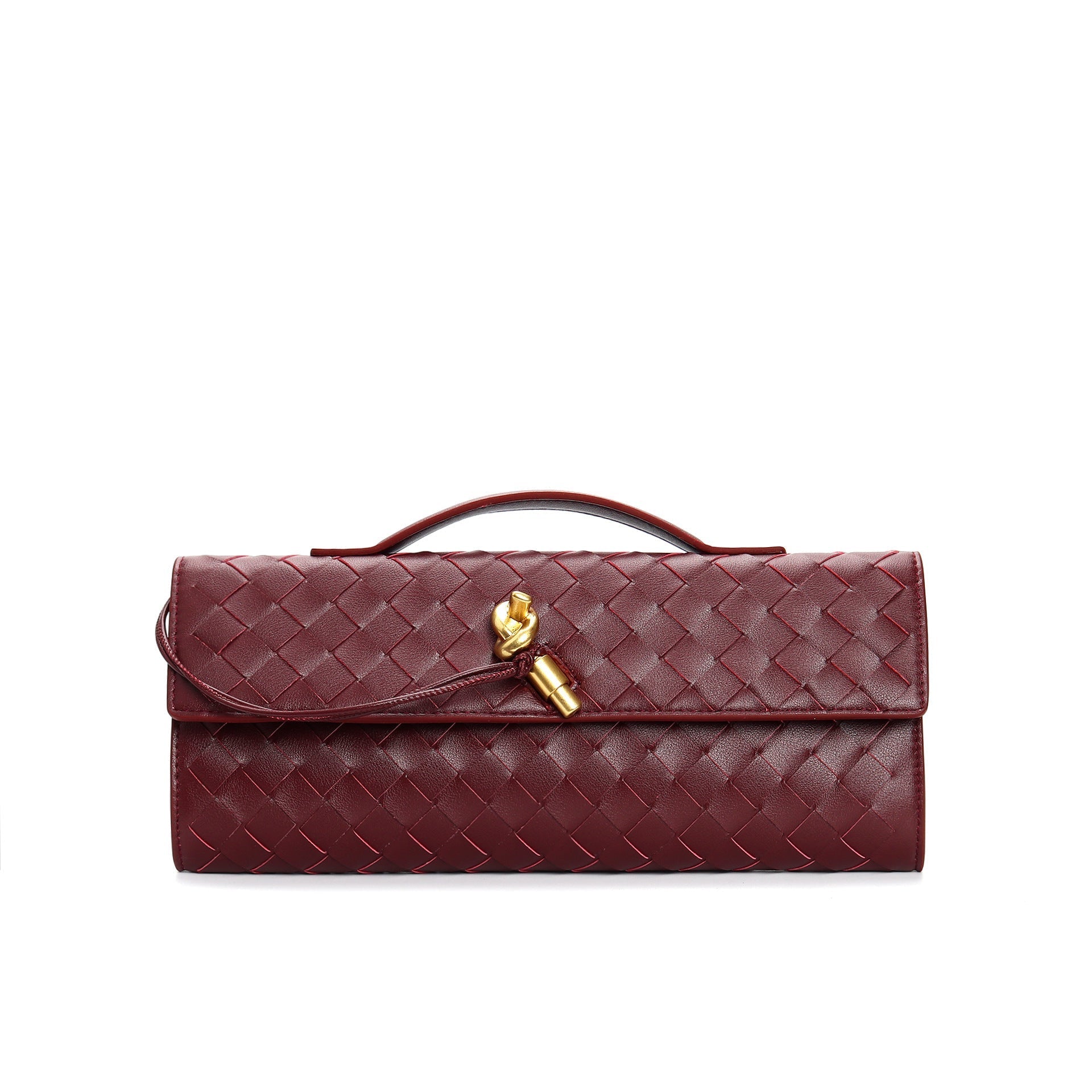 Sac à main en cuir tressé bordeaux avec fermoir doré, design élégant et moderne. Accessoire de mode chic pour femme, tendance et sophistiqué.