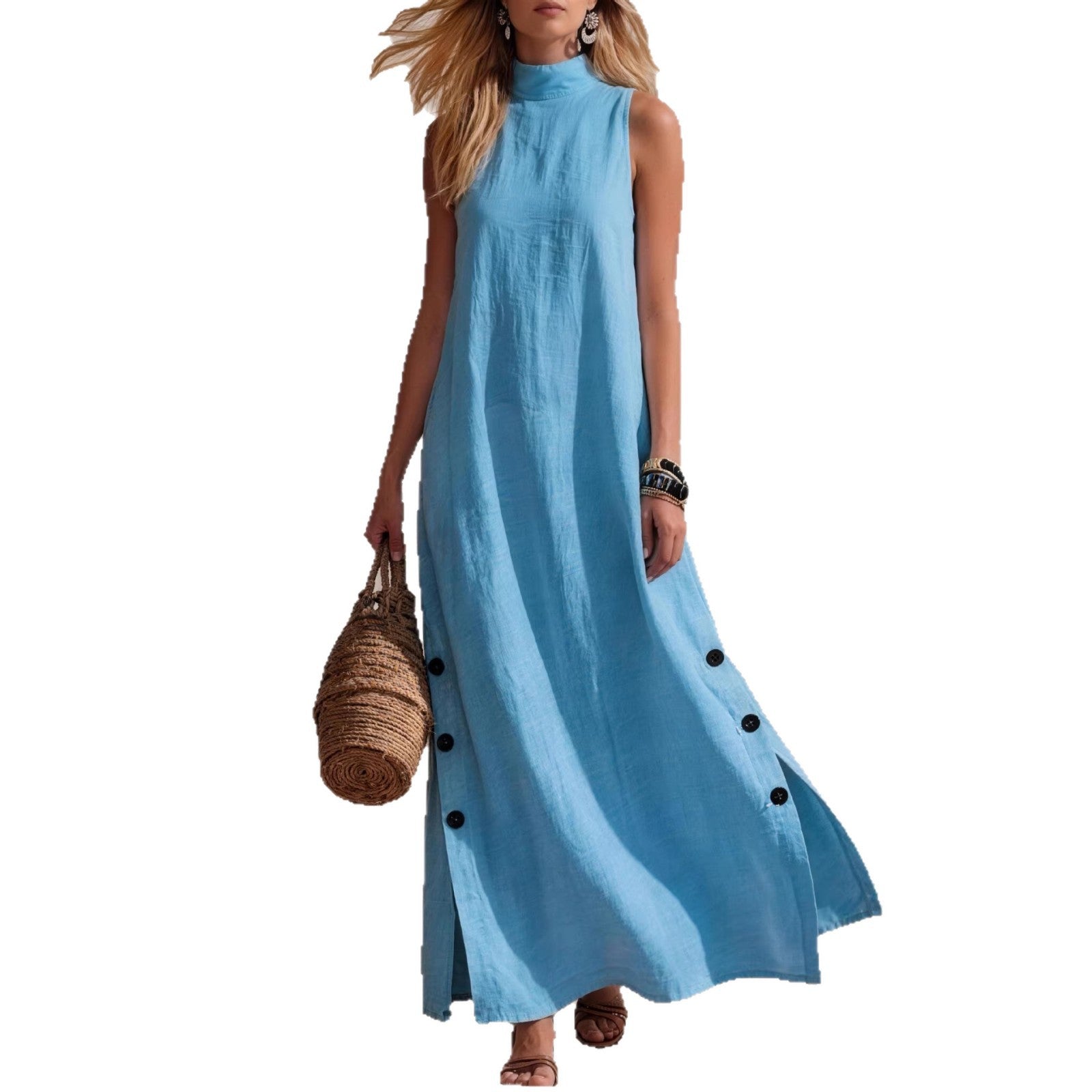 Robe lin-coton sans manches, coupe droite et fentes latérales