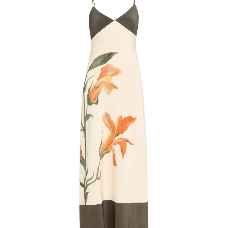 Robe longue fluide col V motif fleuri