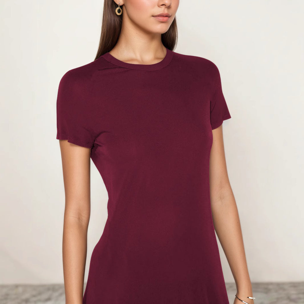 Robe d'été col rond manches courtes noir et bordeaux