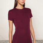 Robe d'été col rond manches courtes noir et bordeaux