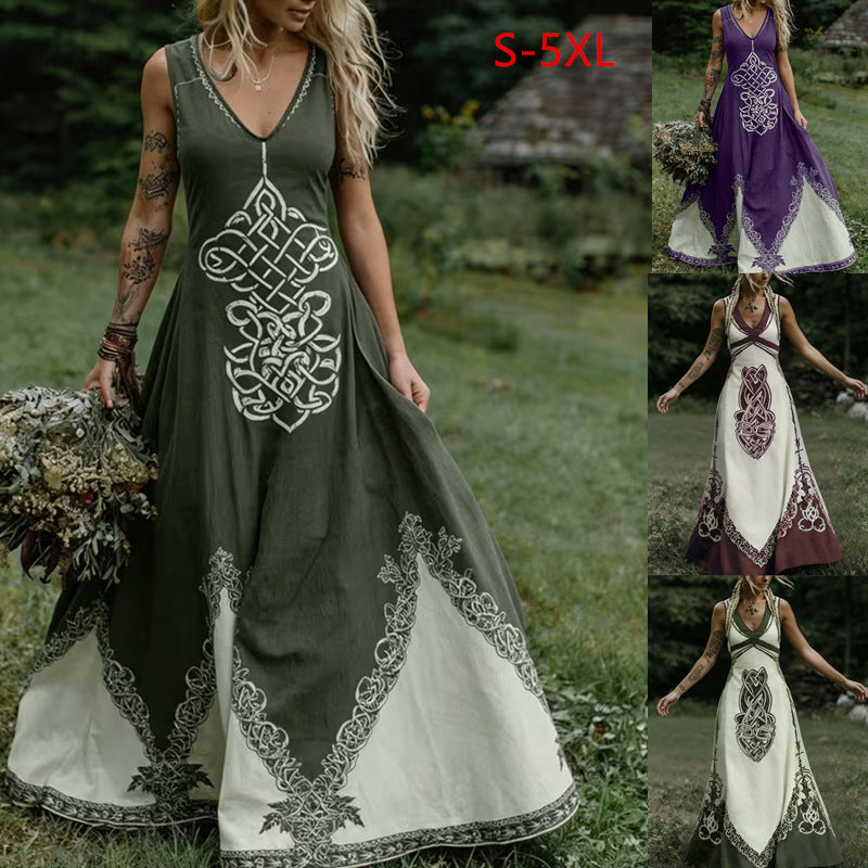 Robe longue bohème à imprimé artistique et encolure V