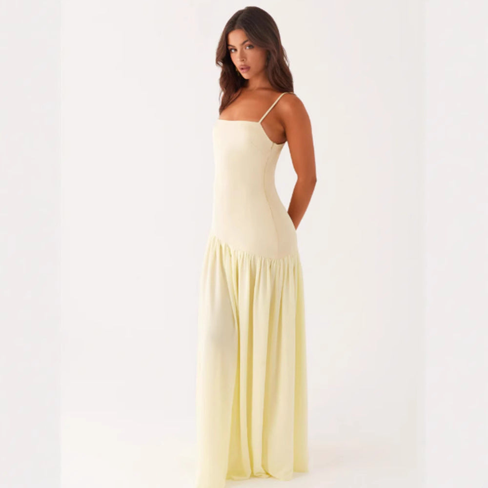 Robe portefeuille jaune sans manches à découpes