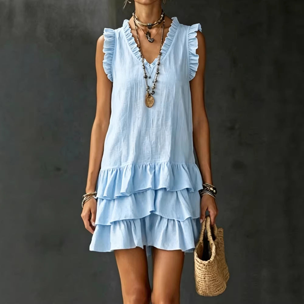 Robe fluide col V volants - Coupe ample midi