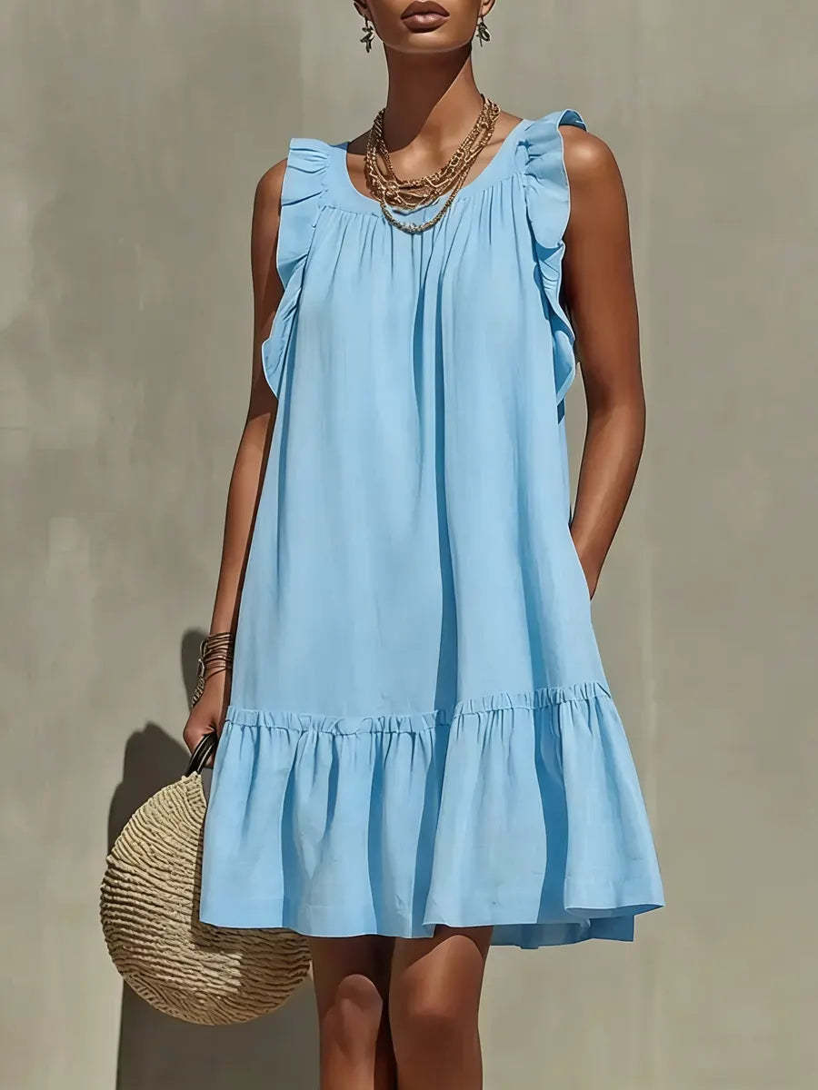Robe droite sans manches, col rond et volants