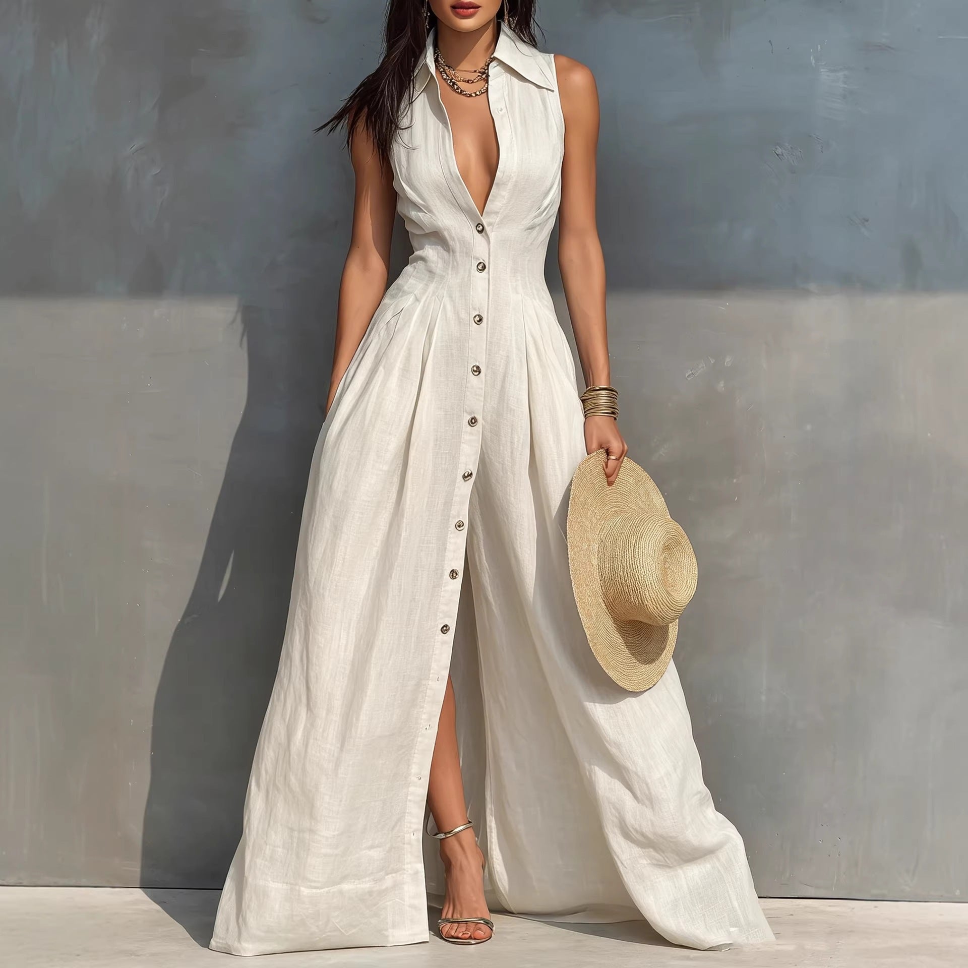 Robe chemise sans manches à taille haute