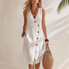 V-neck split midi dress — Casual elegance