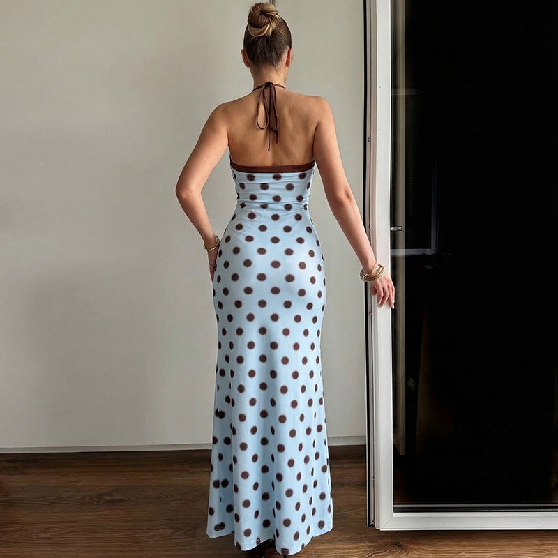 Sky-blue polka dot high-waisted dress