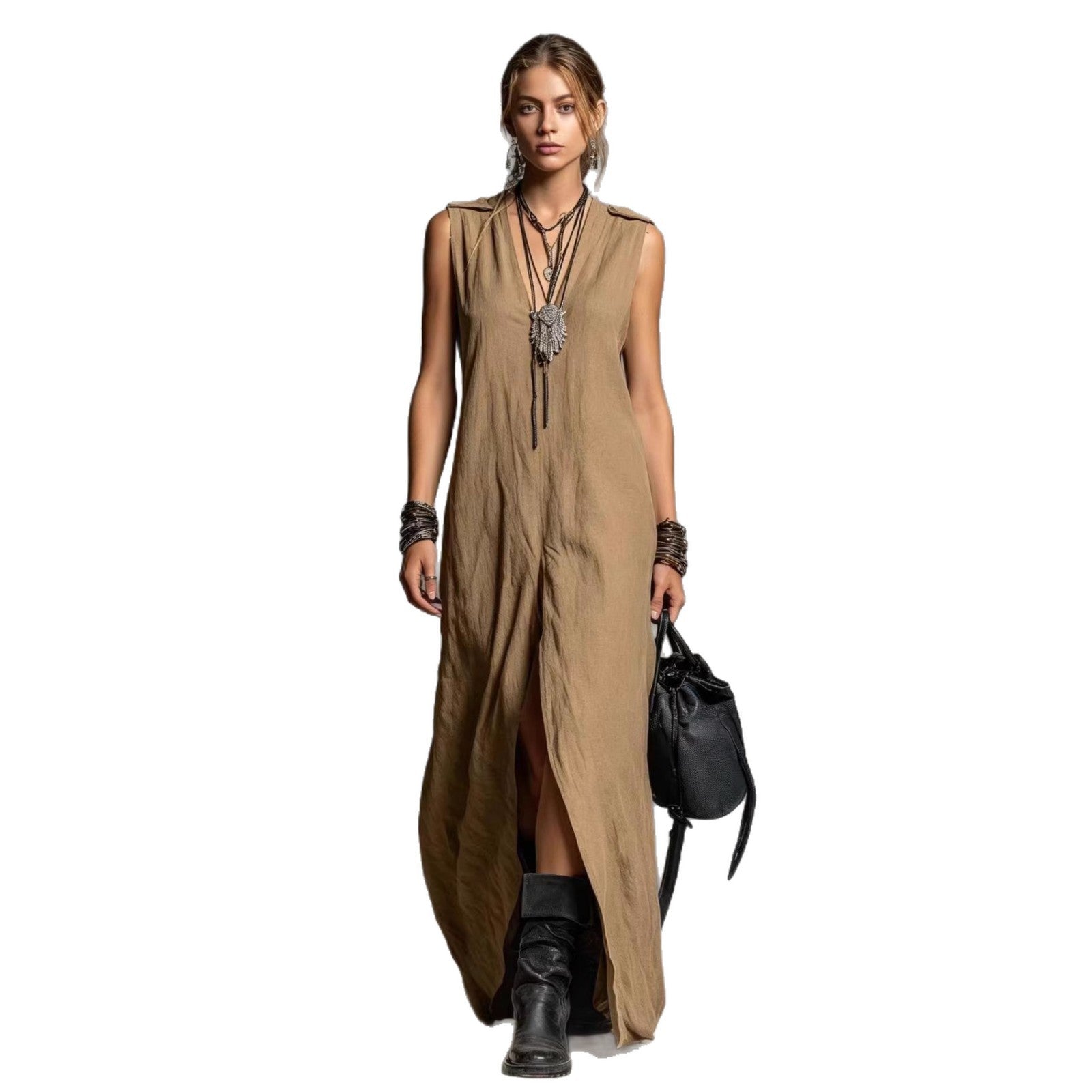 Robe longue fendue à encolure V, coupe ample