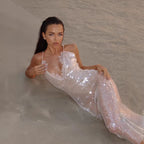 Robe dos nu à paillettes blanc cassé