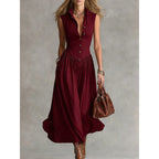 Robe longue épurée à col tailleur et patchwork