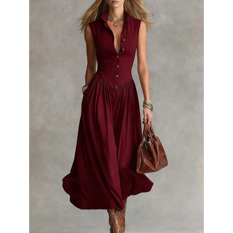 Robe longue épurée à col tailleur et patchwork