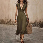 Robe midi fluide lin-coton encolure V volants