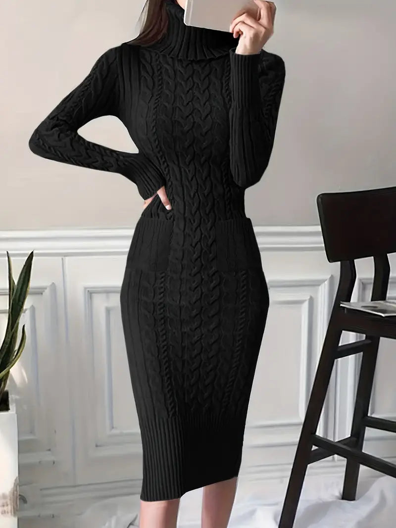 Robe pull noire en tricot torsadé, manches longues, col roulé, ajustée, élégante, femme, mode automne-hiver, intérieur moderne.
