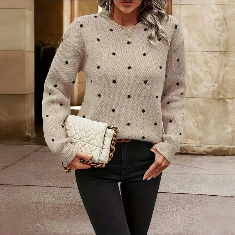 Pull tricoté à pois - Col rond beige doux