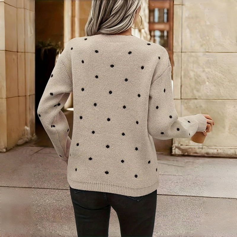 Pull tricoté à pois - Col rond beige doux