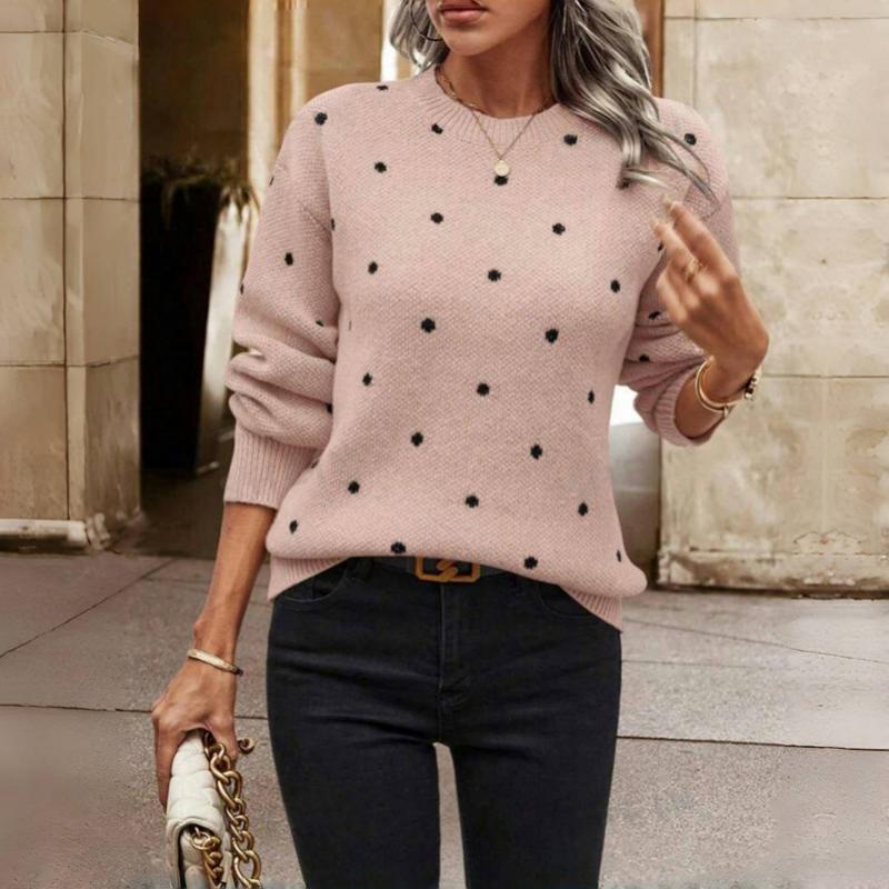 Pull tricoté à pois - Col rond beige doux