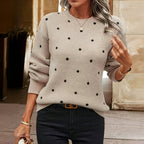 Pull tricoté à pois - Col rond beige doux