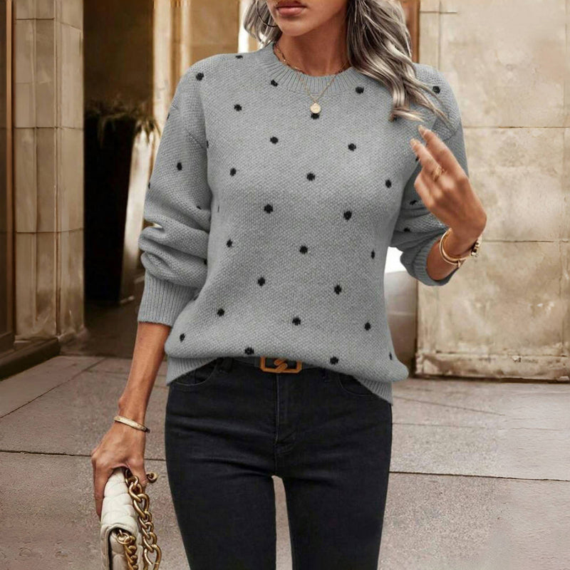 Pull tricoté à pois - Col rond beige doux