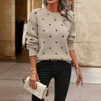 Pull tricoté à pois - Col rond beige doux