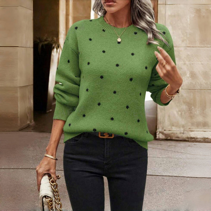 Pull tricoté à pois - Col rond beige doux