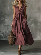 Robe longue col V sans manches – Unie et intemporelle