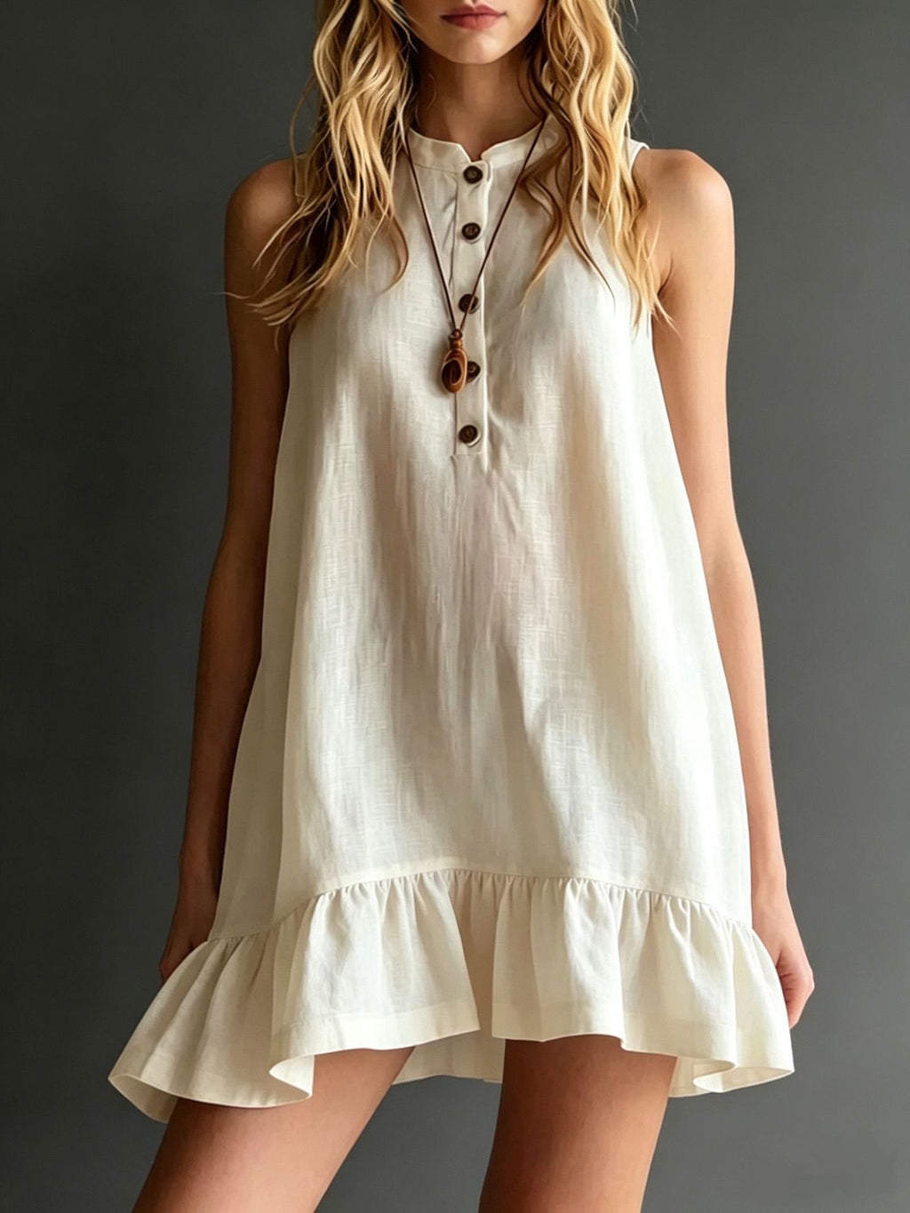 Robe midi col montant lin-coton à volant