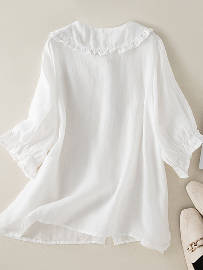 Chemise femme en coton et lin avec col Peter Pan froncé, idéale pour l'automne