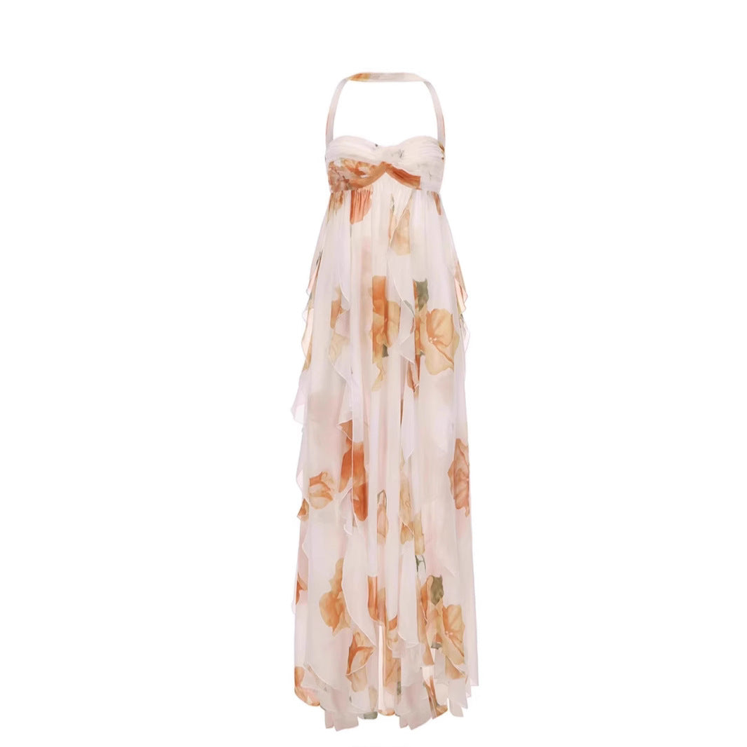 Robe longue dos nu à fleurs jaunes
