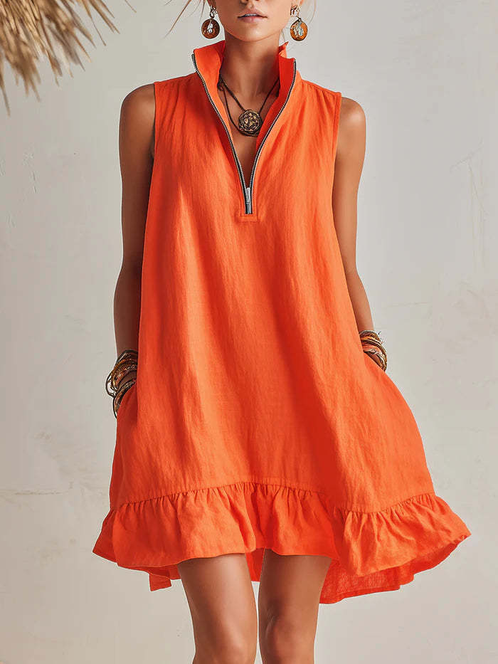 Robe trapèze sans manches à col demi-zip et volant