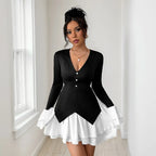 Robe chemise bicolore manches longues décolleté