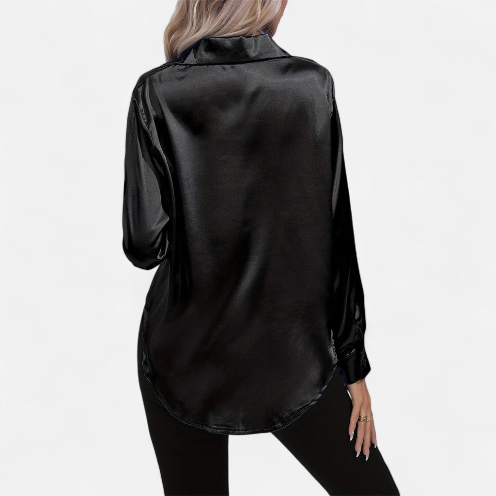 Chemisier boutonné en satin pour femme – Chemise classique à manches longues et revers