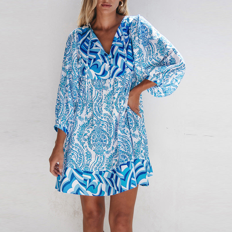 Robe courte imprimée multi-poches décontractée