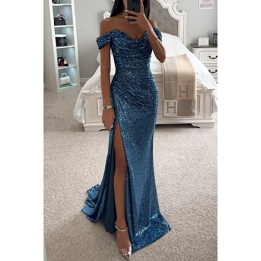 Robe de soirée d'automne pour femmes - robe longue pailletée décolletée avec fente pour le mariage et la fête
