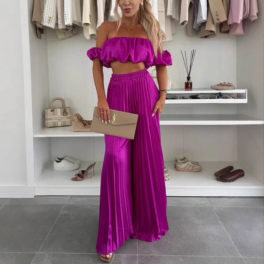 Satin tube top and wide-leg pants set