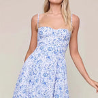Sky blue floral midi dress with a defined waist