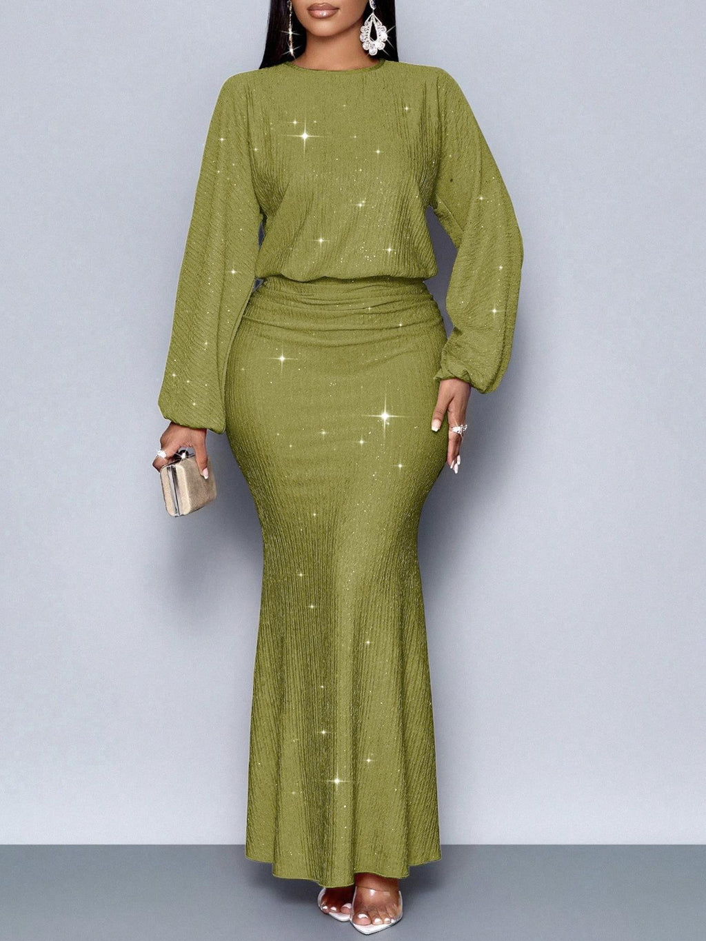 Long-sleeved sequined evening maxi dress