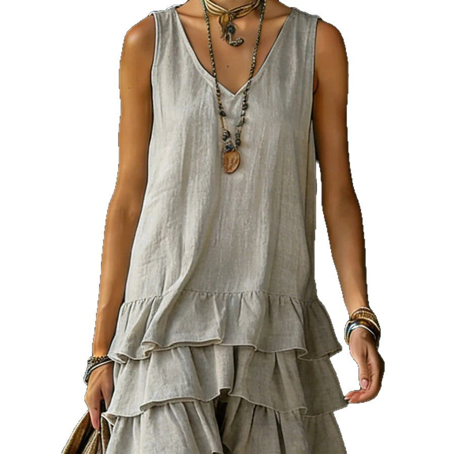 Robe lin-coton col V sans manches