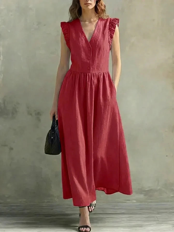 Linen and cotton wrap dress, loose fit with pockets