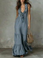 Robe longue lin coton col V sans manches