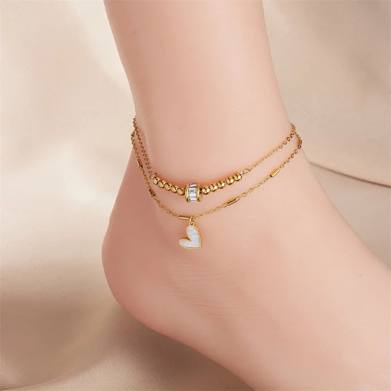 Chaîne double de cheville pendentif cœur