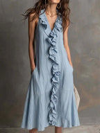 Robe longue lin-coton décolleté V volant