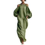 Robe lin vert épaulés dénudés, coupe ample et fluide