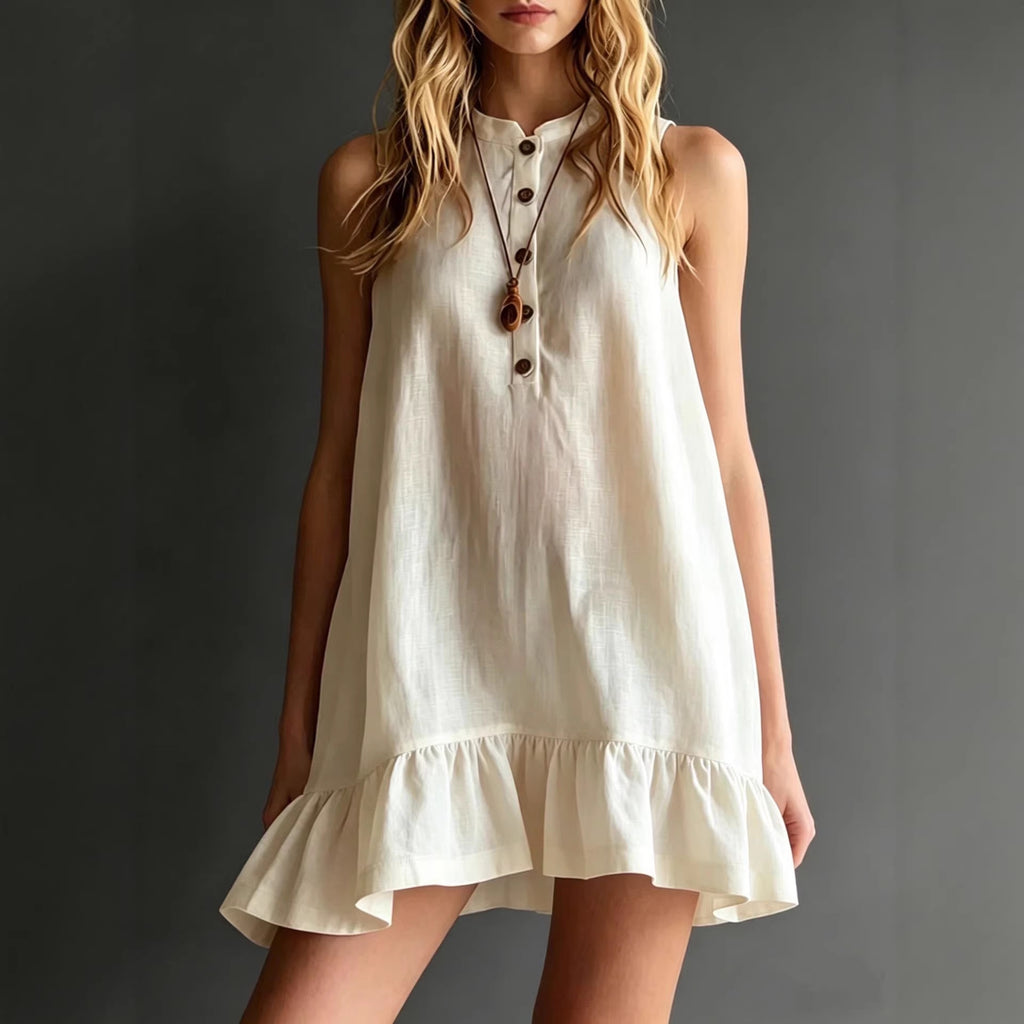 Robe midi col montant lin-coton à volant